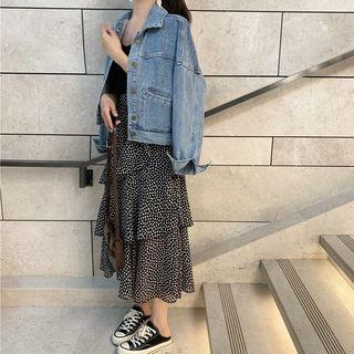 Buttoned Denim Jacket / Spaghetti Strap Top / Patterned Chiffon Midi Tiered Skirt
