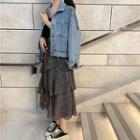 Buttoned Denim Jacket / Spaghetti Strap Top / Patterned Chiffon Midi Tiered Skirt