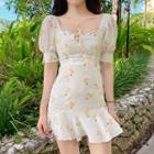 Floral Print Short-sleeve Ruffle Hem Mini Sheath Dress