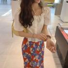 Plain Short-sleeve Cropped Blouse / Floral Midi Straight-fit Skirt
