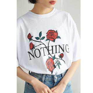 Lettering Flower Print Elbow Sleeve T-shirt