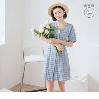 Short Sleeve Check V-neck A-line Dress