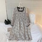 Flared-cuff Floral Print A-line Dress Floral Print - Black & White - One Size