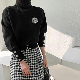 Turtleneck Button-detail Knit Top
