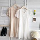 Embroidered V-neck Plain Short-sleeve Dress