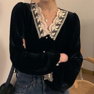 Long-sleeve V-neck Lace Trim  Velvet  Top