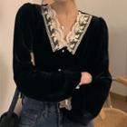 Long-sleeve V-neck Lace Trim  Velvet  Top