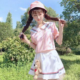 Set: Contrast Trim Short Sleeve Collared T-shirt + Flared Skirt