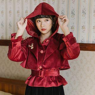 Hooded Tie-waist Button Jacket