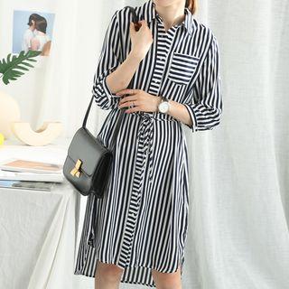 Elbow-sleeve Striped Tie-waist Shirtdress