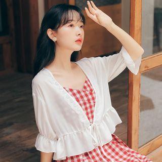 Bell-sleeve Tie-front Chiffon Jacket White - One Size