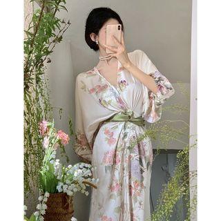 Patchwork Deep V-neck Printed Midi Dress Print - One Size