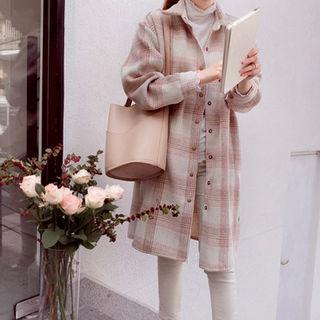 Snap-button Checked Wool Blend Jacket Pink - One Size