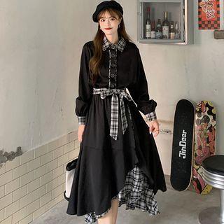 Long-sleeve Asymmetrical Hem Plaid Panel Midi Dress