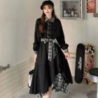 Long-sleeve Asymmetrical Hem Plaid Panel Midi Dress