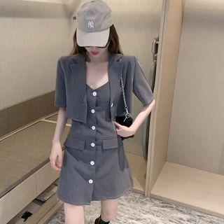 Elbow-sleeve Cropped Blazer / Spaghetti-strap Mini A-line Dress