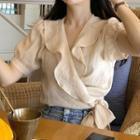 Short-sleeve Ruffle Wrap Blouse As Shown In Figure - One Size