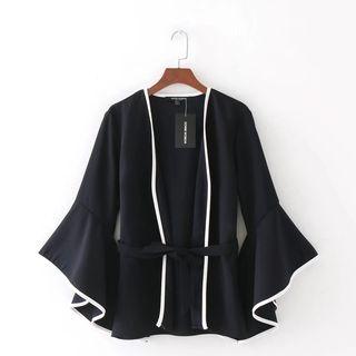 Bell-sleeve Contrast-trim Bow-tied Top