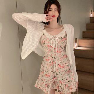Wide Strap Floral Print A-line Dress / Cardigan