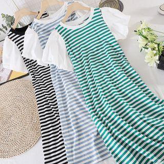 Round-neck Striped Puff-sleeve Dress