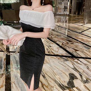 Two-tone Panel Off-shoulder Slit Midi Bodycon Dress