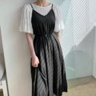 V-neck Pleated Long Overall Dress