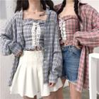Set: Plaid Long-sleeve Loose-fit Shirt + Lace-up Tube Top