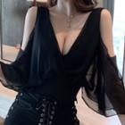 Cutout Shoulder Chiffon Top / Lace-up High-waist Hot Pants