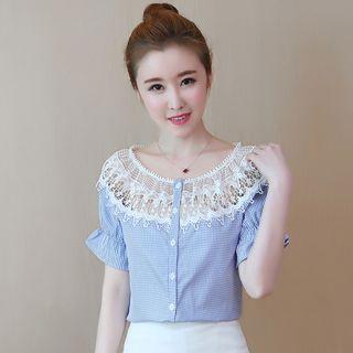 Short-sleeve Lace Panel Pinstripe Blouse