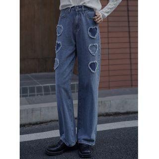 High-waist Heart Panel Denim Shift Wide-leg  Pants