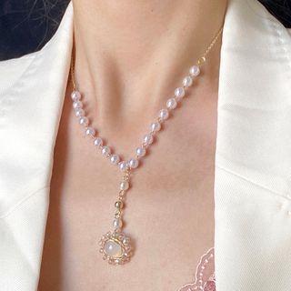 Moonstone Pendant Faux Pearl Choker 0755a - Necklace - Pearl White - One Size