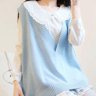 Set: Peter Pan Collar Blouse + V-neck Knit Vest