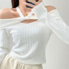 Cold-shoulder Shirred Ribbed T-shirt