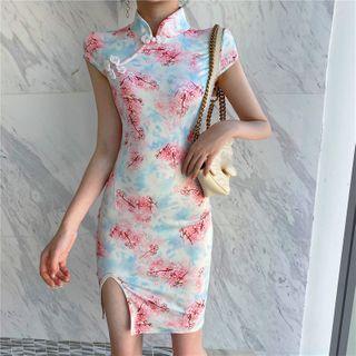 Cap-sleeve Printed Mini Qipao