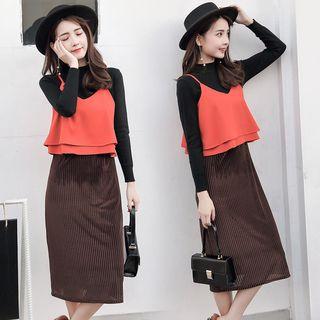 Set: Mock Neck Top + Spaghetti-strap Mock Two Piece Panel Dress
