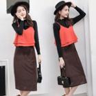 Set: Mock Neck Top + Spaghetti-strap Mock Two Piece Panel Dress
