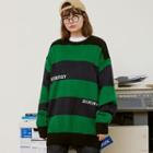 [r:lol] Couple Letter-embroidered Stripe Knit Top Green - One Size