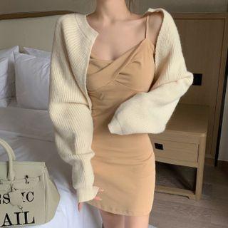 V-neck Plain Suspender Skirt / Long-sleeve Cardigan