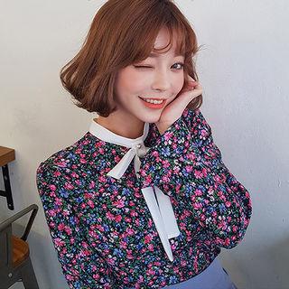 Ribbon-neck Ruffle-cuff Floral Blouse
