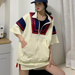 Elbow-sleeve Color Panel Zip Jacket / Mini A-line Skirt