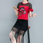 Set: Cherry Print Short-sleeve Top + Fringed Lace Midi Skirt