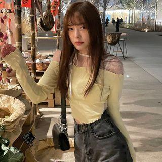 Lace Panel Lace-up Cold-shoulder Top Yellow - One Size