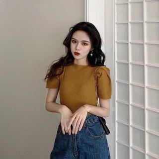 Puff-sleeve Knit Plain T-shirt