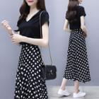 Set: V-neck Short-sleeve T-shirt + Polka Dot Midi Skirt