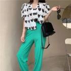 Puff-sleeve Heart Print Shirt / Jogger Pants