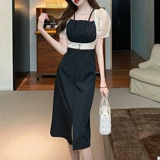 Puff-sleeve Mock Two-piece Sheath Dress