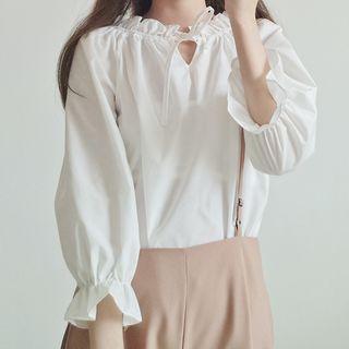 Lantern-sleeve Blouse / Spaghetti Strap Mini Denim Dress