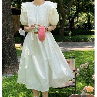 Puff-sleeve Ruffle Midi A-line Dress White - One Size