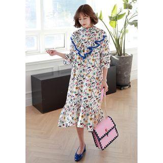 Fringed-trim Floral-pattern Midi Dress