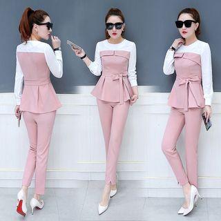 Set: Mock Two-piece Tie Waist Long-sleeve Top + Pants